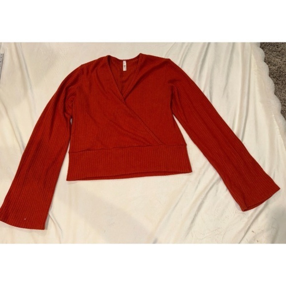Rust Orange Ribbed Wrap Top Long Sleeve Bell Sleeve V-Neck Small